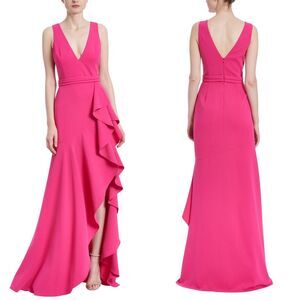 NWT Badgley Mischka Sleeveless V-Neck Ruffle Side-Swept Gown Fuchsia Size 0 $750
